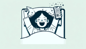 Chica en la cama feliz por haber ganado la lotería con la app miloto